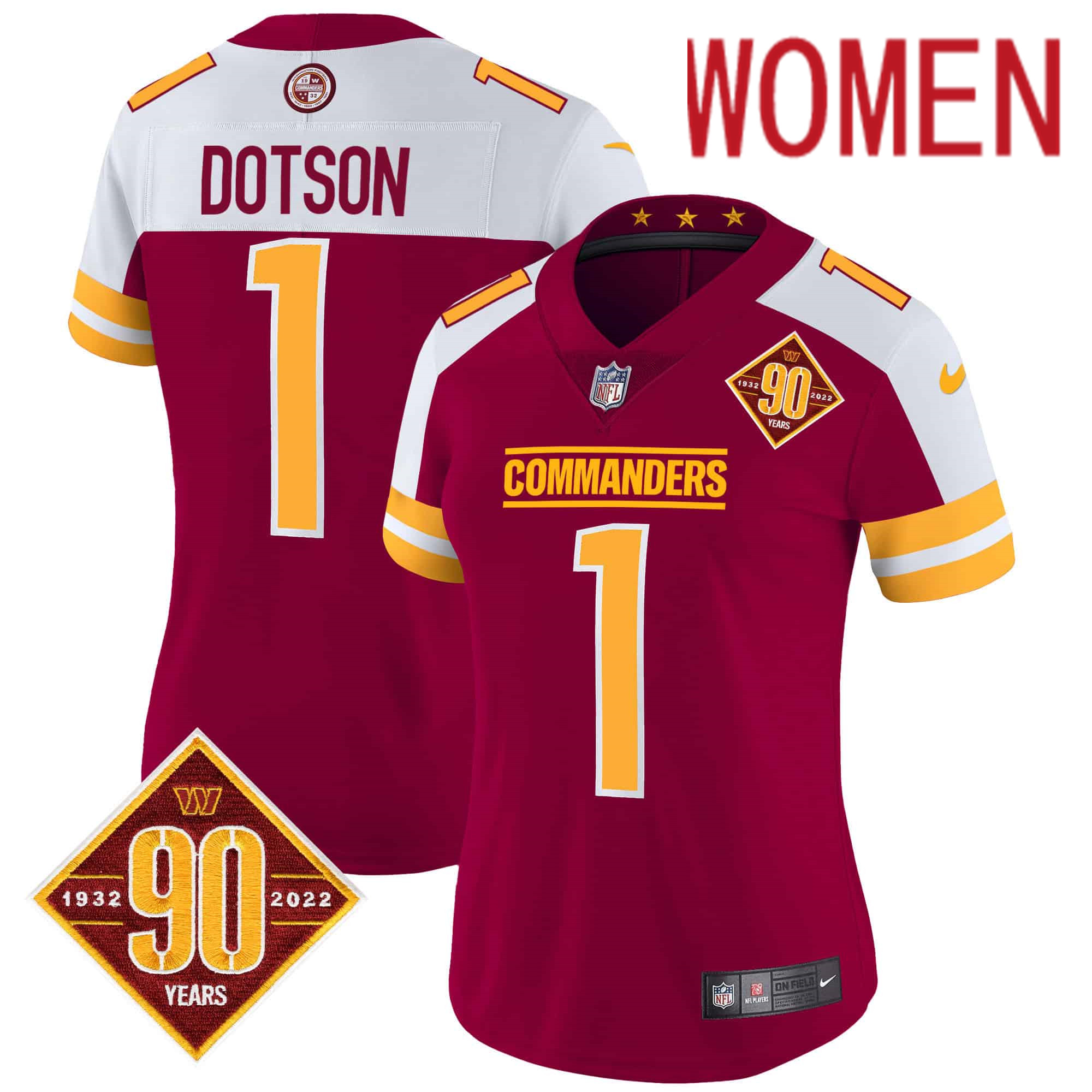 Women Washington Commanders 1 Dotson Red 90th Anniversary Patch 2024 Nike Vapor Limited NFL Jersey